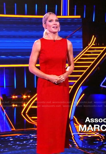 Sara’s red sleeveless pintuck-waist dress on The Chase