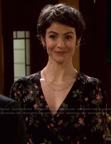 Sarah’s black floral wrap mini dress on Days of our Lives