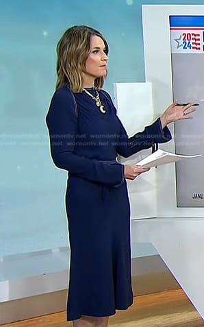Savannah’s navy dress with white stitching on Today