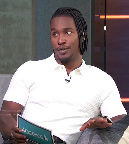 Scott’s white textured polo shirt on Access Hollywood