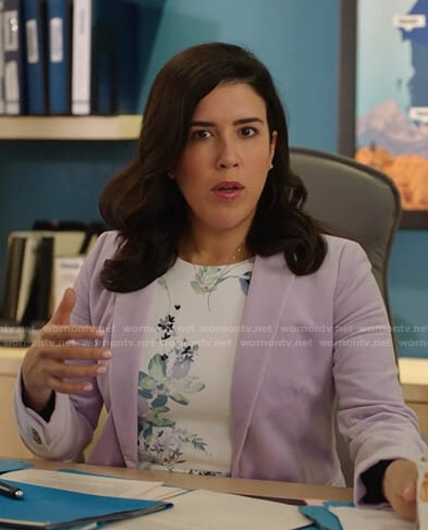 Shannon’s white floral print sheath on Kims Convenience