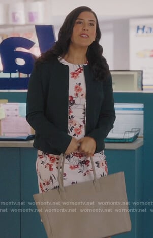 Shannon’s white floral sheath dress on Kims Convenience