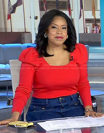 Sheinelle’s red puff sleeve square neck sweater on Today
