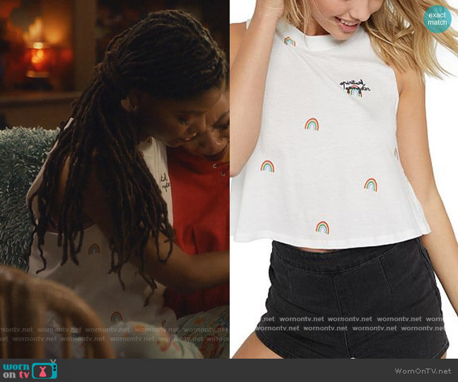 Spiritual Gangster Rainbow Print Cropped Tank worn by Skylar Forster (Halle Bailey) on Grown-ish