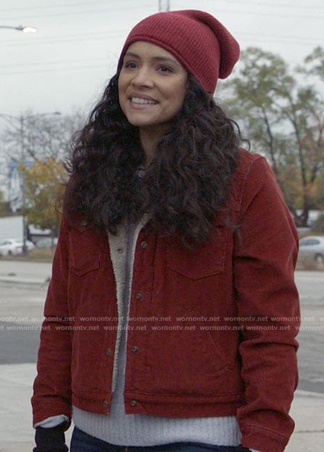 Stella’s red sherpa trim jacket on Chicago Fire