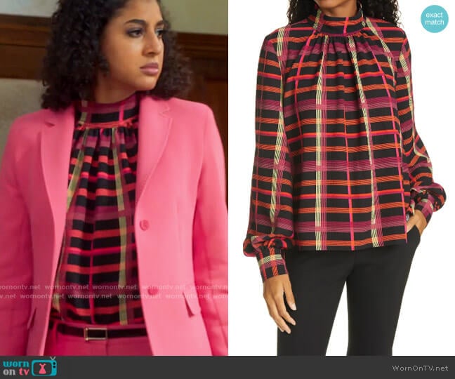 Stine Goya Eddy Plaid Balloon Sleeve Blouse worn by Mikaela Shaw (Vella Lovell) on Mr Mayor