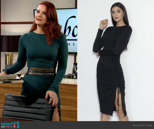Susana Monaco Side Gathered Long Sleeve Slit Dress in Sycamore worn by Sally Spectra (Courtney Hope) on The Young and the Restless