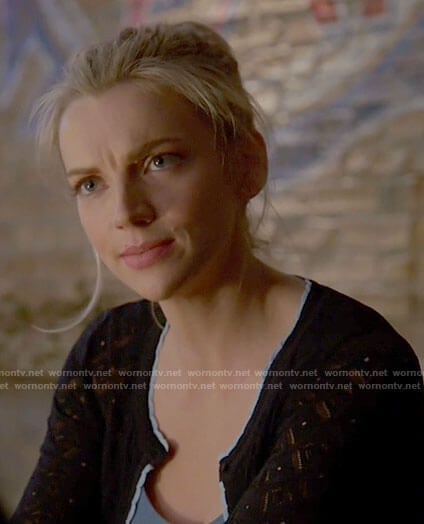 Sylvie’s navy pointelle cardigan with scalloped trim on Chicago Fire
