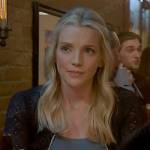 Sylvie’s navy pointelle cardigan with scalloped trim on Chicago Fire