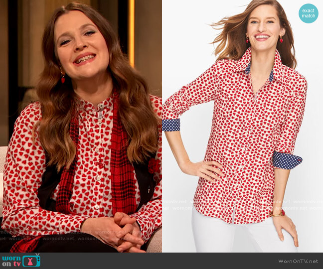 Talbots Classic Cotton Shirt with Dotted Hearts worn by Drew Barrymore on The Drew Barrymore Show
