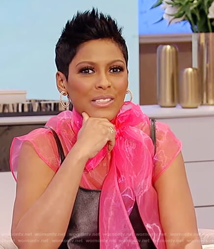 Tamron’s black leather dress and pink tulle top on Tamron Hall Show