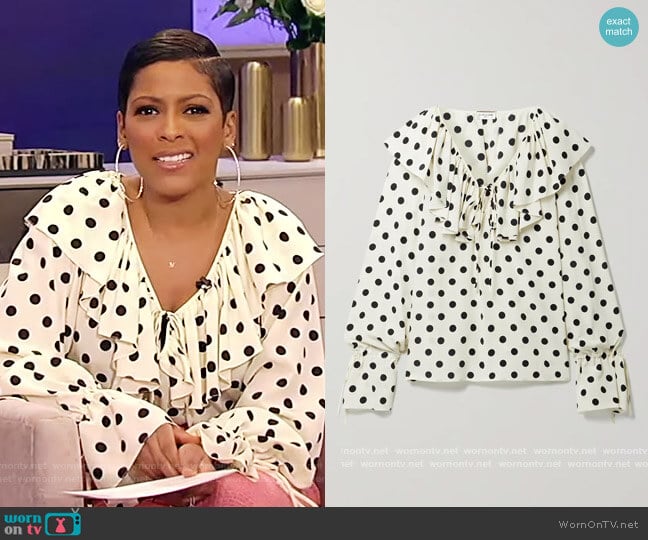 Saint Laurent Ruffled polka-dot silk crepe de chine blouse worn by Tamron Hall on Tamron Hall Show