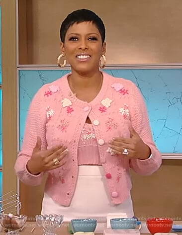 Tamron’s pink applique floral cardigan on Tamron Hall Show