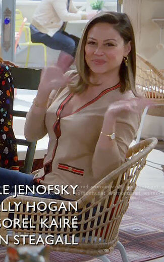 Tara’s camel striped trim cardigan on Call Me Kat