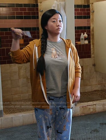 Alice’s grey cat print tee and dog print pj pants on Good Trouble