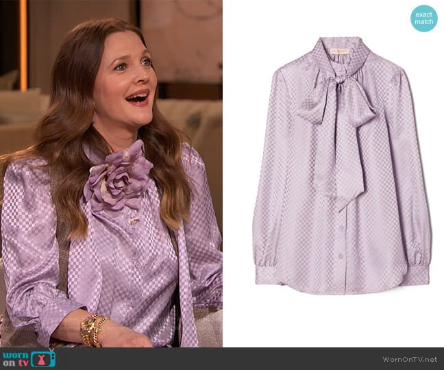 Tory Burch Textured Bow Blouse worn by Drew Barrymore on The Drew Barrymore Show