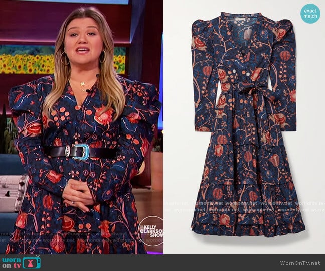 Ulla Johnson Nanette belted tiered floral-print cotton-poplin midi dress worn by Kelly Clarkson on The Kelly Clarkson Show