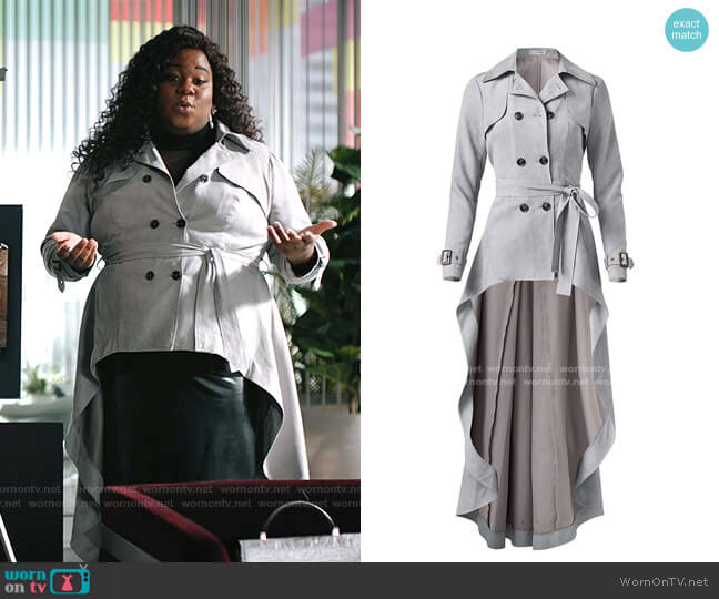 Venus Plus Size Faux Suede Trench Coat worn by Mo (Alex Newell) on Zoeys Extraordinary Playlist