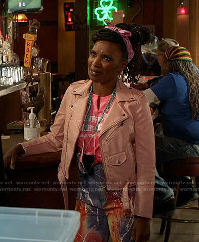Veronica’s pink moto jacket and tie dye jeans on Shameless