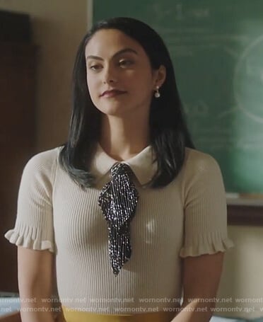 Veronica’s white metallic tie neck sweater on Riverdale