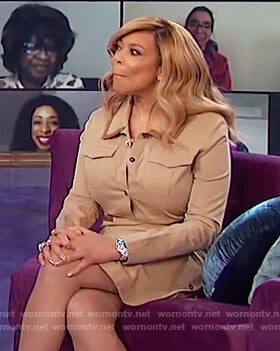 Wendy’s beige shirtdress with leather trim on The Wendy Williams Show