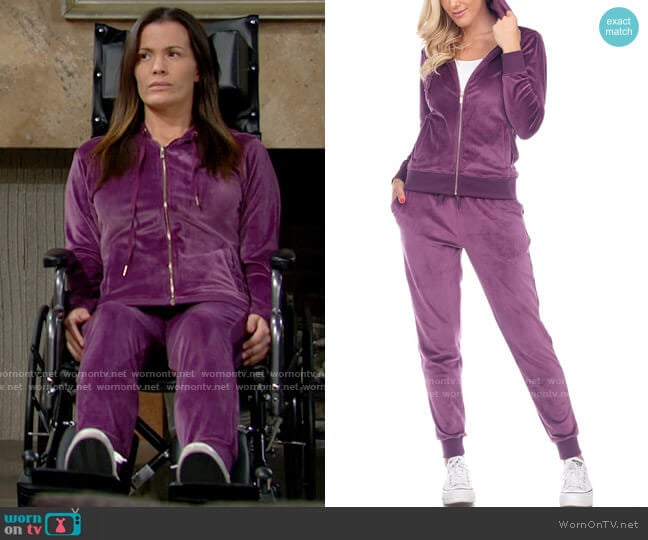 White Mark Velour Tracksuit Loungewear 2pc Set in Purple worn by Chelsea Lawson (Melissa Claire Egan) on The Young and the Restless