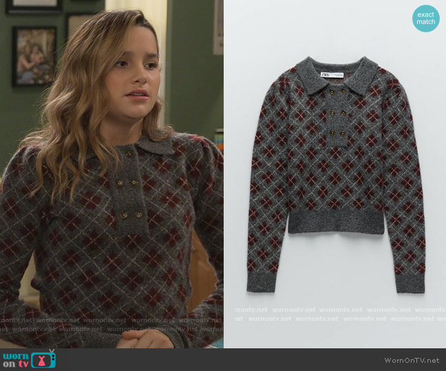 Zara Argyle Knit Sweater worn by Lex (Jules LeBlanc) on Side Hustle