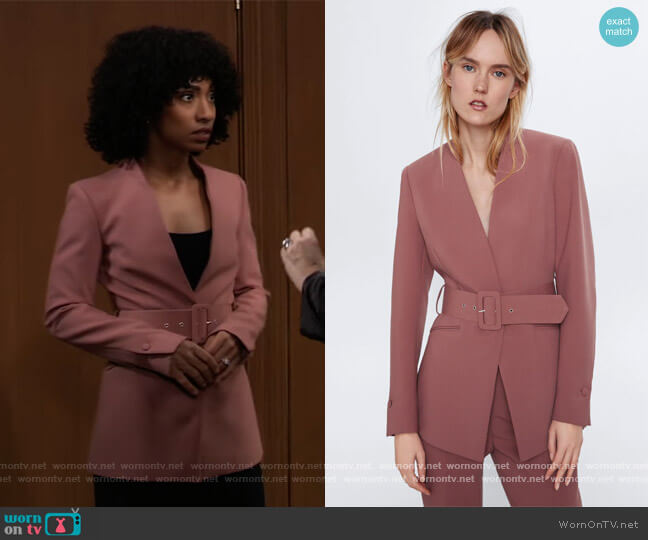 Zara Lapelless Belted Blazer in Marsala worn by Jordan Ashford (Tiffany Daniels) on General Hospital