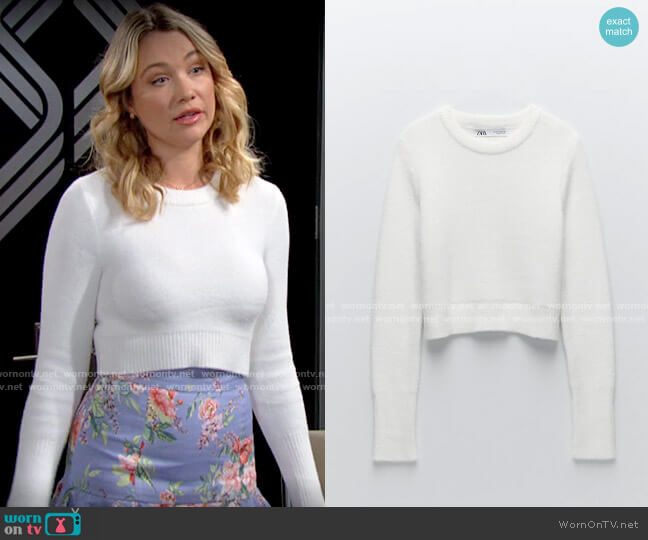 Zara Soft Feel Cropped Sweater in White worn by Flo Fulton (Katrina Bowden) on The Bold and the Beautiful