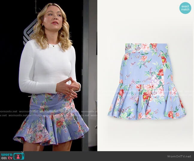Zimmermann Bellitude fluted floral-print linen mini skirt worn by Flo Fulton (Katrina Bowden) on The Bold and the Beautiful