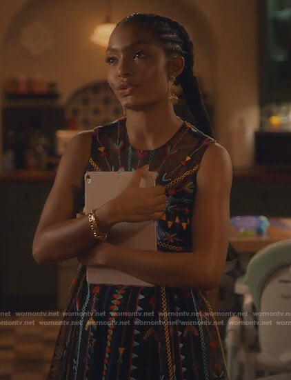 Zoey’s black embroidered sleeveless dress on Grown-ish