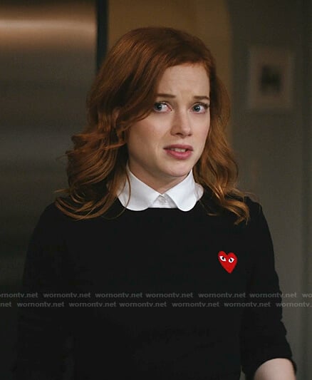 Zoey’s black heart patch sweater on Zoeys Extraordinary Playlist
