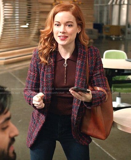 Zoey’s brown zip neck polo sweater and tweed blazer on Zoeys Extraordinary Playlist