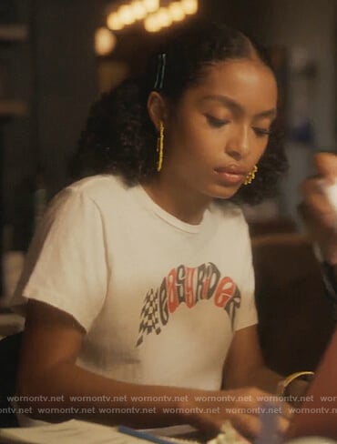 Zoey’s white easyrider print tee on Grown-ish