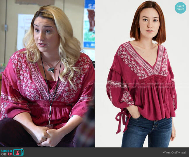 American Eagle Long Sleeve Embroidered Peasant Top worn by Davia (Emma Hunton) on Good Trouble