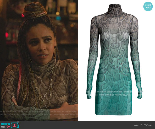 AFRM Mari Print Long Sleeve Turtleneck Mesh Body-Con Dress worn by Toni Topaz (Vanessa Morgan) on Riverdale