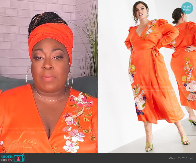 Asos Curve Floral Embroidered Wrap Midi Dress worn by Loni Love on The Real