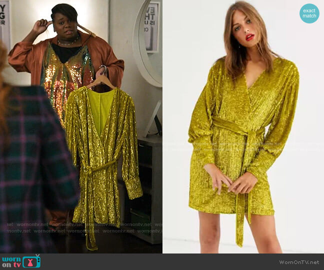 Asos Curve Sequin Wrap Mini Dress worn by Mo (Alex Newell) on Zoeys Extraordinary Playlist