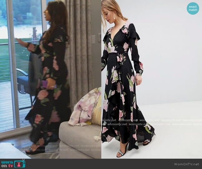 ASOS Pretty Floral Maxi Ruffle Wrap Dress worn by Jennifer Aydin on The Real Housewives of New Jersey