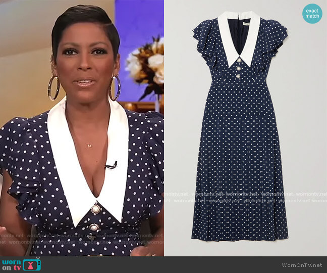 Alessandra Rich Polka Dot Pleated Silk Midi Dress worn by Tamron Hall on Tamron Hall Show