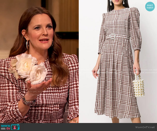 Alessandra Rich Tweed-Print Flared Midi Dress worn by Drew Barrymore on The Drew Barrymore Show