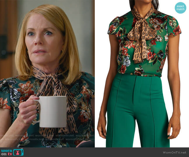 Alice + Olivia Jeannie Tie -Neck Leopard & Floral Blouse worn by Lisa Benner (Marg Helgenberger) on All Rise