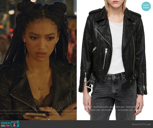 All Saints Balfern Studded Leather Biker Jacket worn by Olivia Baker (Samantha Logan) on All American