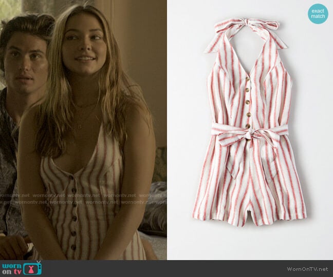 American Eagle Striped Button Front Romper worn by Sarah Cameron (Madelyn Cline) on Outer Banks