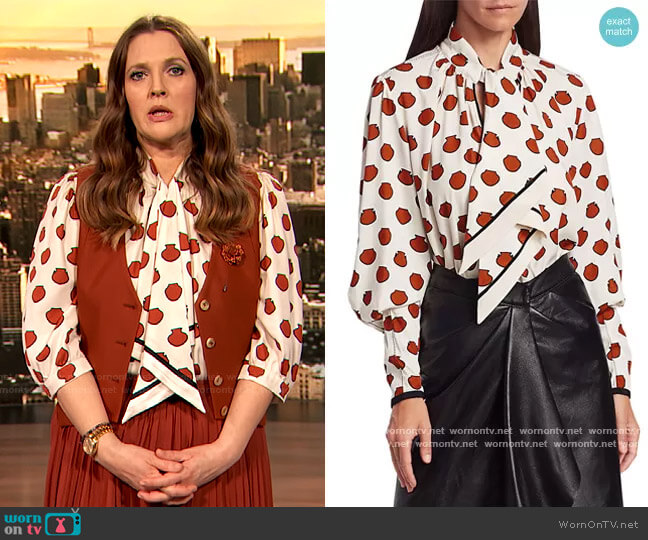 Johanna Ortiz Ancient Anecdotes printed blouse worn by Drew Barrymore on The Drew Barrymore Show