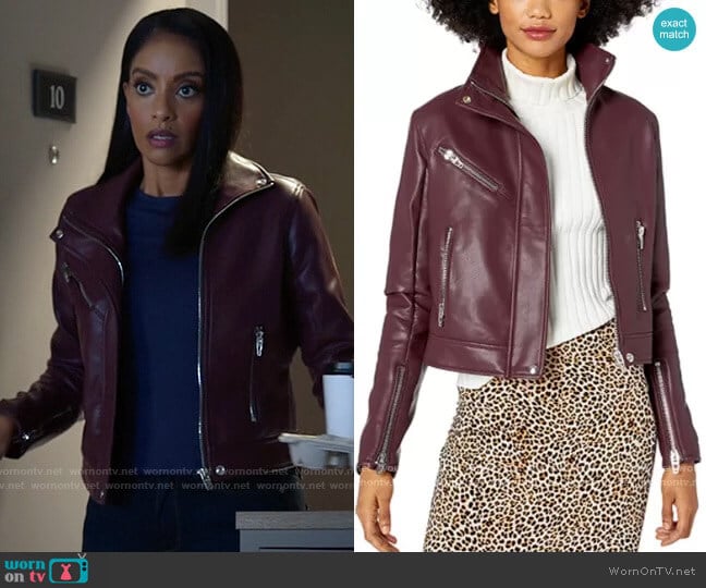 Blank NYC High Collar Vegan Leather Moto Jacket in Merlot worn by Kelly Olsen (Azie Tesfai) on Supergirl