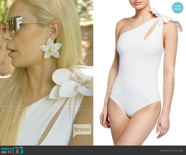 Chiara Boni La Petite Robe Irama One-Shoulder Swimsuit with Cutout Detail worn by Kameron Westcott on The Real Housewives of Dallas