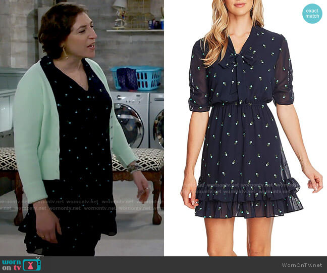 CeCe V-Neck Floral Embroidered Dress with Ruffle Hem worn by Kat Silver (Mayim Bialik) on Call Me Kat