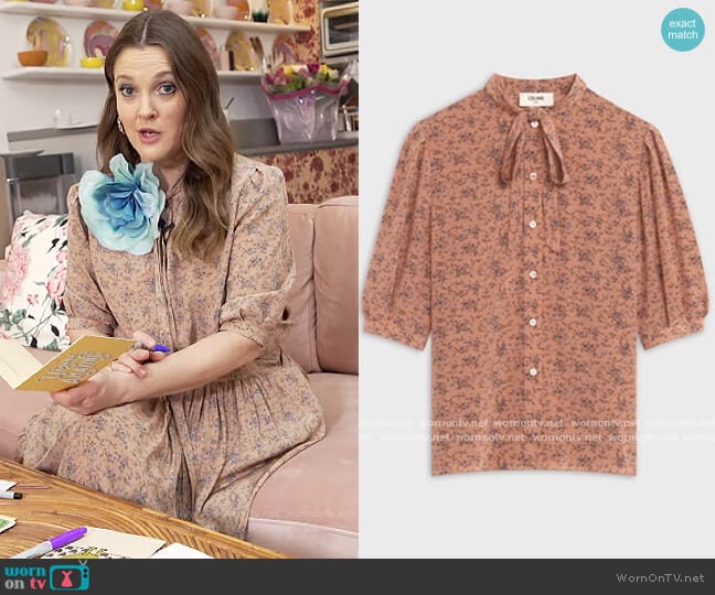 Celine Blouse with Bow in Printed Crepe De Chine worn by Drew Barrymore on The Drew Barrymore Show