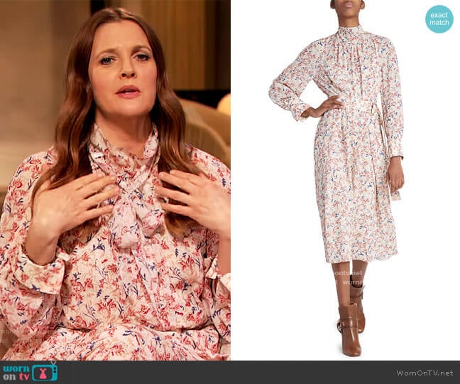 Chloe Belted Floral Silk Georgette Midi Dress worn by Drew Barrymore on The Drew Barrymore Show